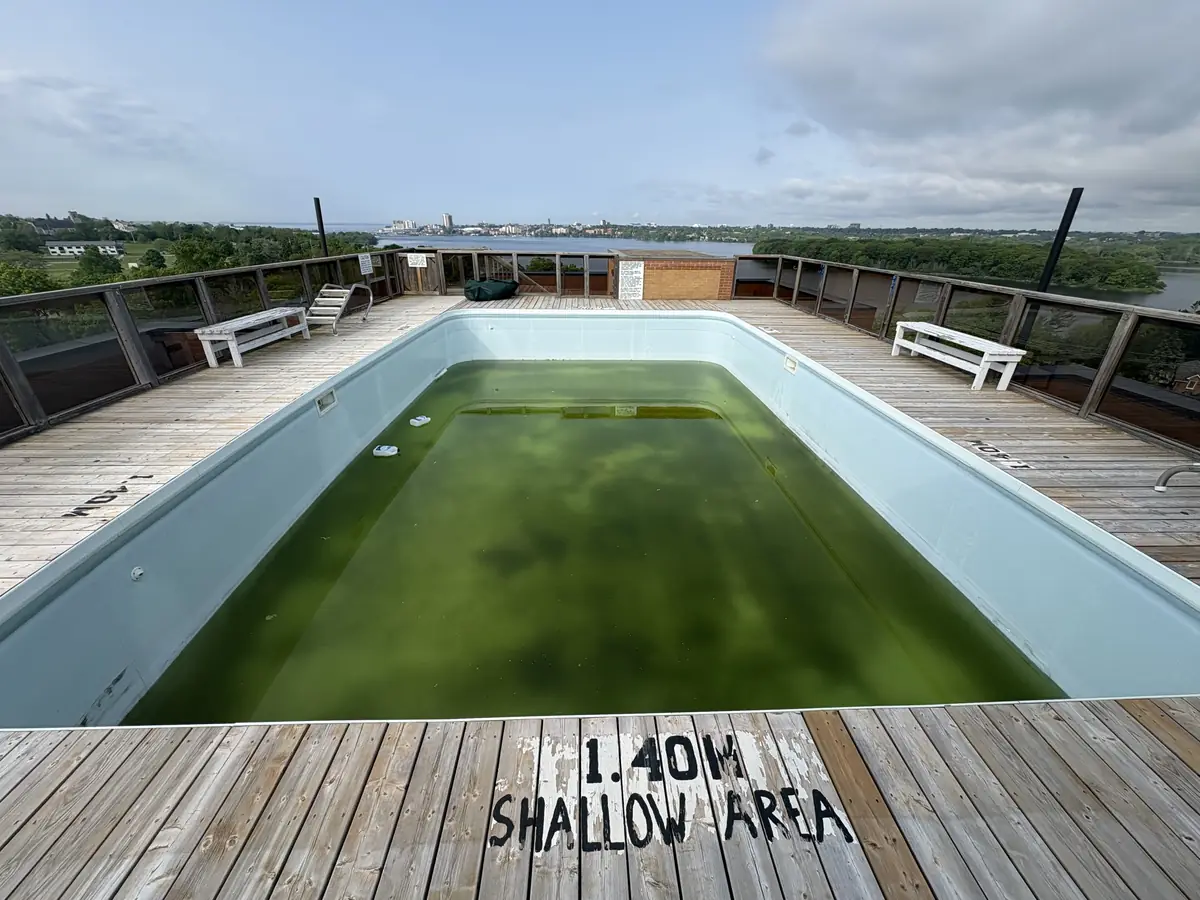 Green rooftop pool before a new liner